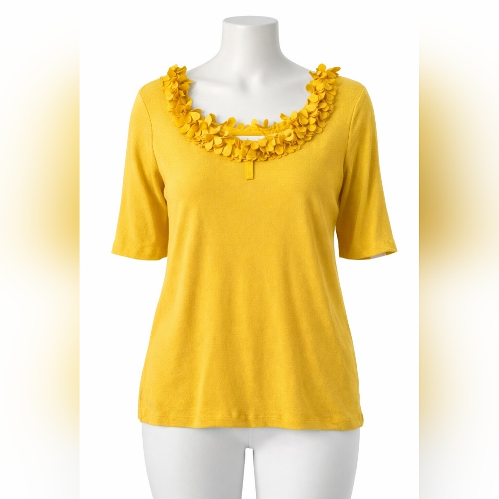 Large Soft Surroundings Mustard Yellow Stretchy Modal Cotton Knit Top - Picture 2 of 4